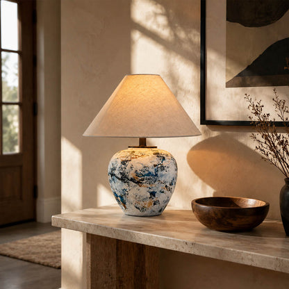 Azzurro ceramic table lamp entryway console table blue white ceramic beige shade welcoming neoclassical American home lifestyle interior
