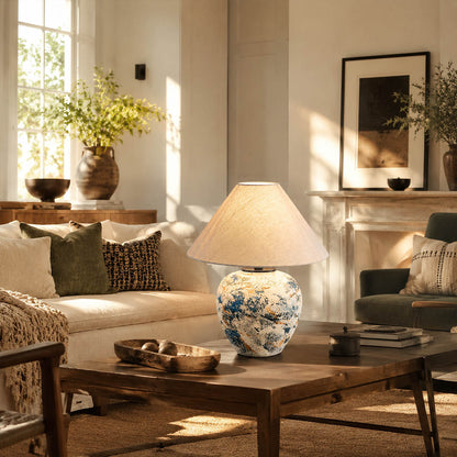 Azzurro ceramic table lamp modern farmhouse living room console blue white ceramic warm inviting American home lifestyle interior