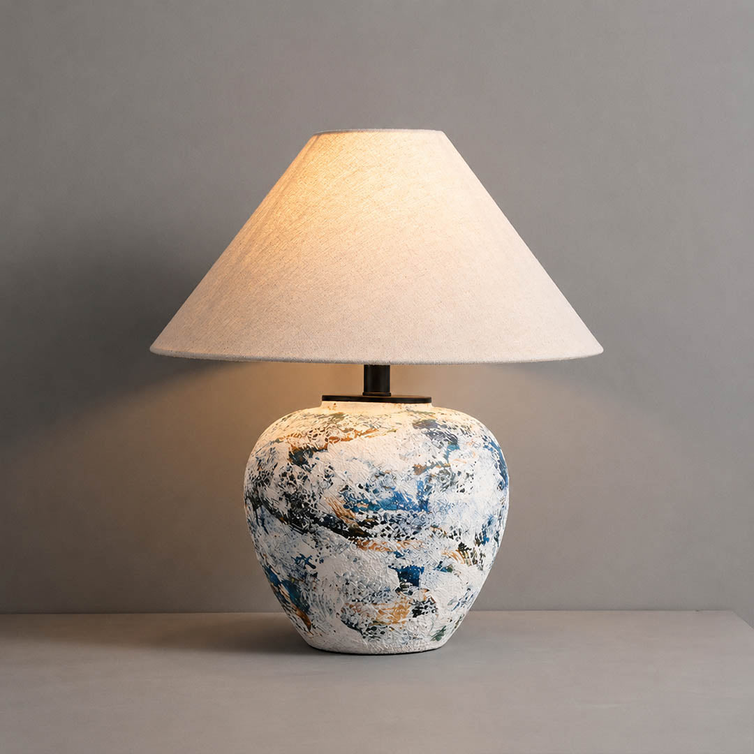 Azzurro ceramic table lamp glossy ceramic glaze blue white finish handcrafted artisan detail close up
