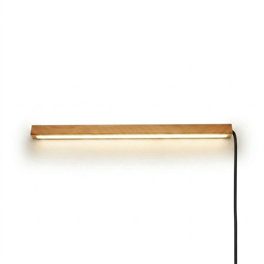 Beam wood linear LED wall light above bed headboard bedroom warm light japandi interior