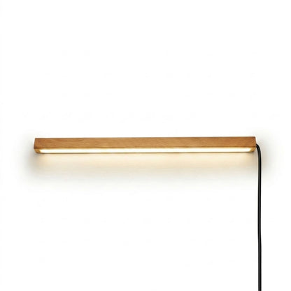Beam wood linear LED wall light above bed headboard bedroom warm light japandi interior