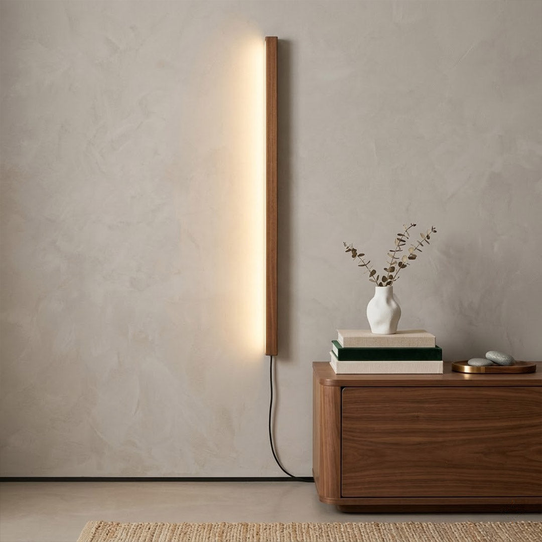 Beam wood linear LED wall light above bed headboard bedroom warm light japandi interior