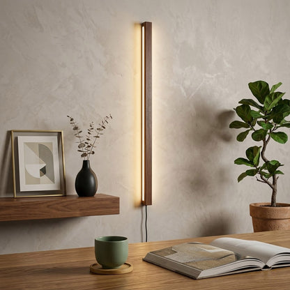 Beam wood linear LED wall light above bed headboard bedroom warm light japandi interior