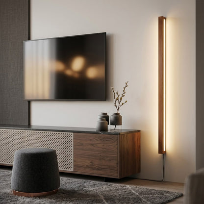 Beam wood linear LED wall light above bed headboard bedroom warm light japandi interior