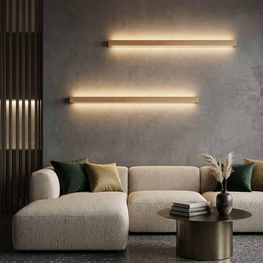 Beam wood linear LED wall light above bed headboard bedroom warm light japandi interior