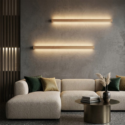 Beam wood linear LED wall light above bed headboard bedroom warm light japandi interior