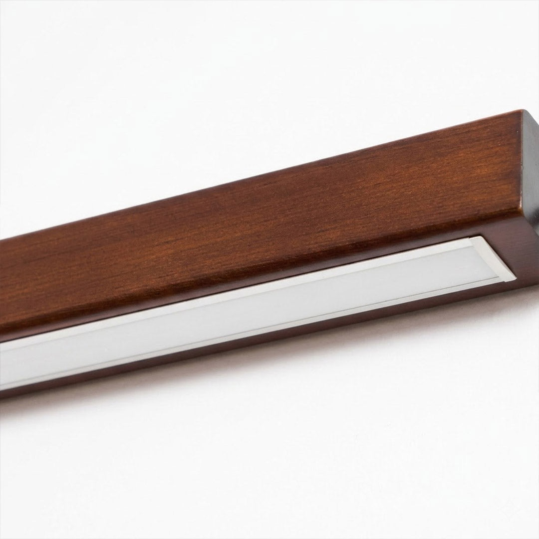 Beam wood linear LED wall light above bed headboard bedroom warm light japandi interior
