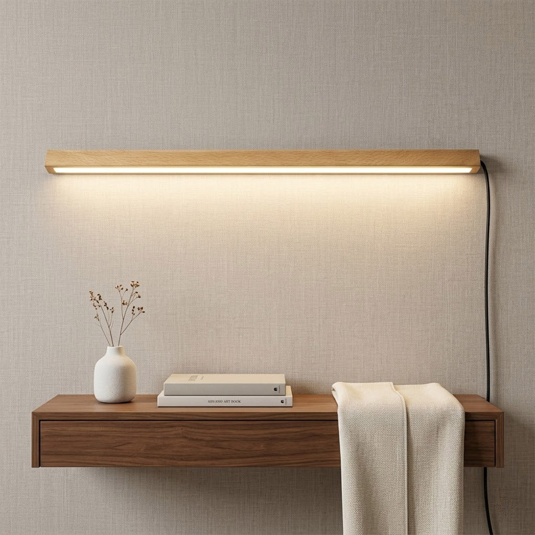 Beam wood linear LED wall light above bed headboard bedroom warm light japandi interior