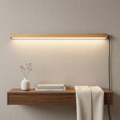 Beam wood linear LED wall light above bed headboard bedroom warm light japandi interior