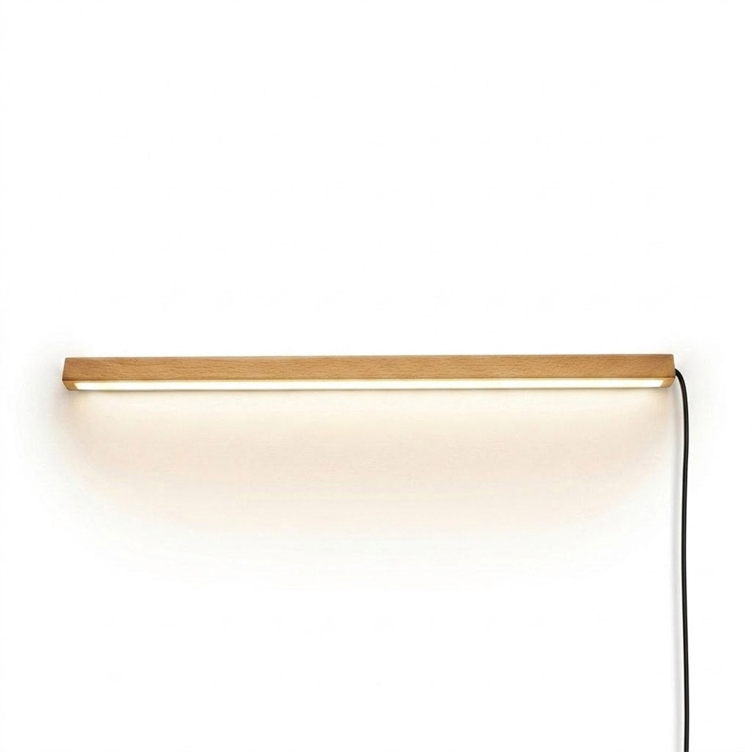 Beam wood linear LED wall light above bed headboard bedroom warm light japandi interior