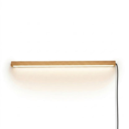 Beam wood linear LED wall light above bed headboard bedroom warm light japandi interior