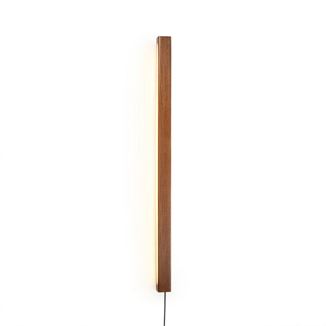 Beam wood linear LED wall light above bed headboard bedroom warm light japandi interior