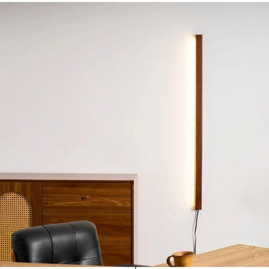 Beam wood linear LED wall light above bed headboard bedroom warm light japandi interior