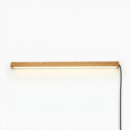 Beam wood linear LED wall light above bed headboard bedroom warm light japandi interior
