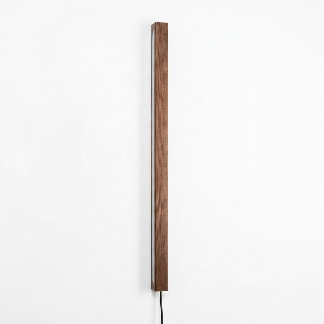 Beam wood linear LED wall light above bed headboard bedroom warm light japandi interior