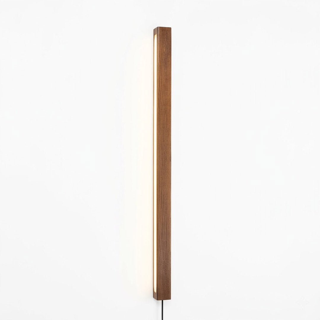 Beam wood linear LED wall light above bed headboard bedroom warm light japandi interior