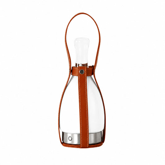 Belle portable table lamp mini glass bottle shape leather handle cordless rechargeable white background front view