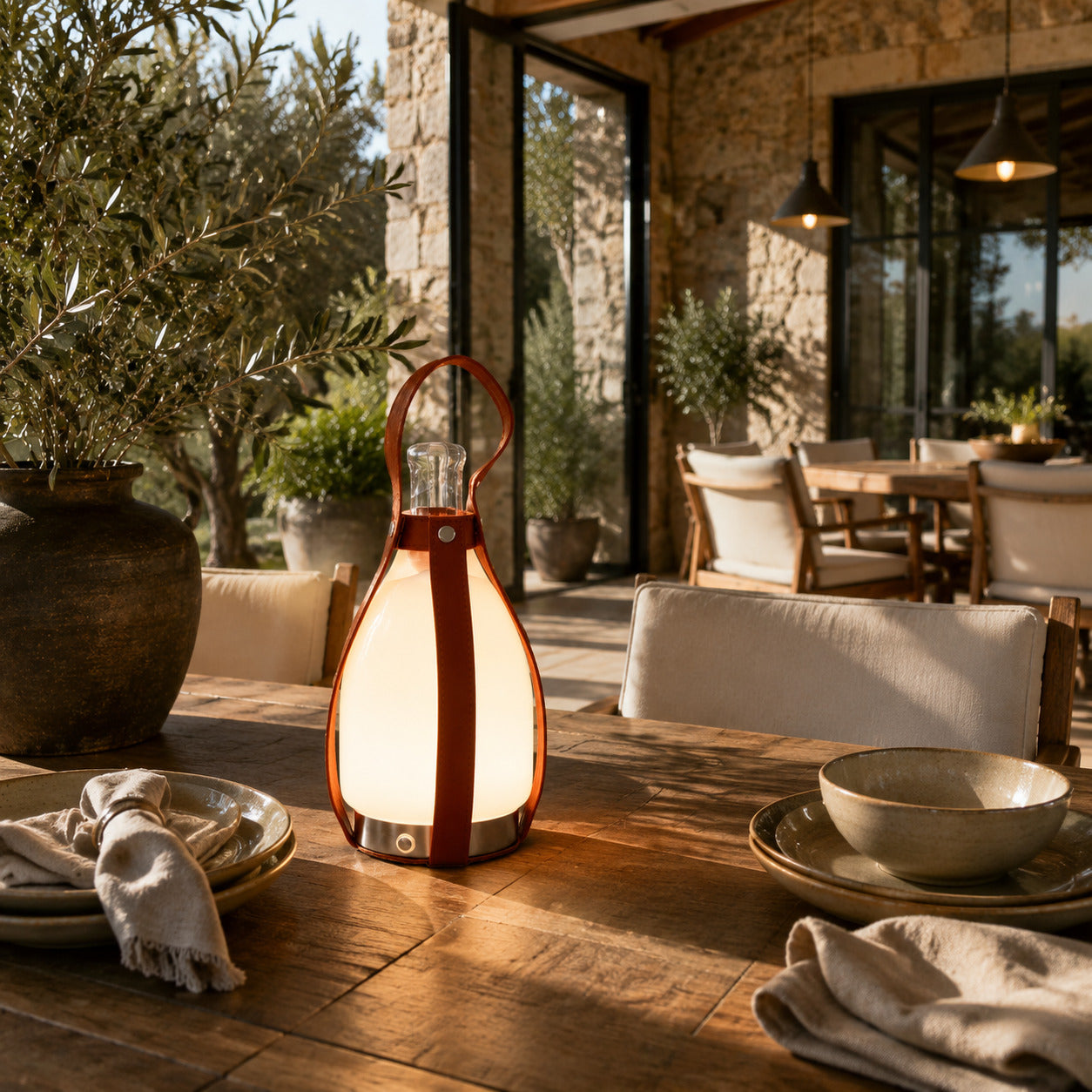 Belle portable table lamp outdoor patio garden dinner table warm glow cordless portable evening American home lifestyle interior styled