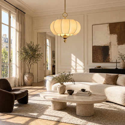 Belle lantern pendant as an elegant fabric centerpiece in a living room