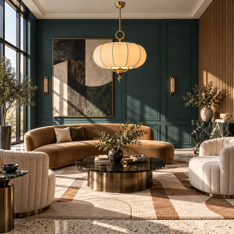 Belle lantern pendant as an elegant fabric centerpiece in a living room