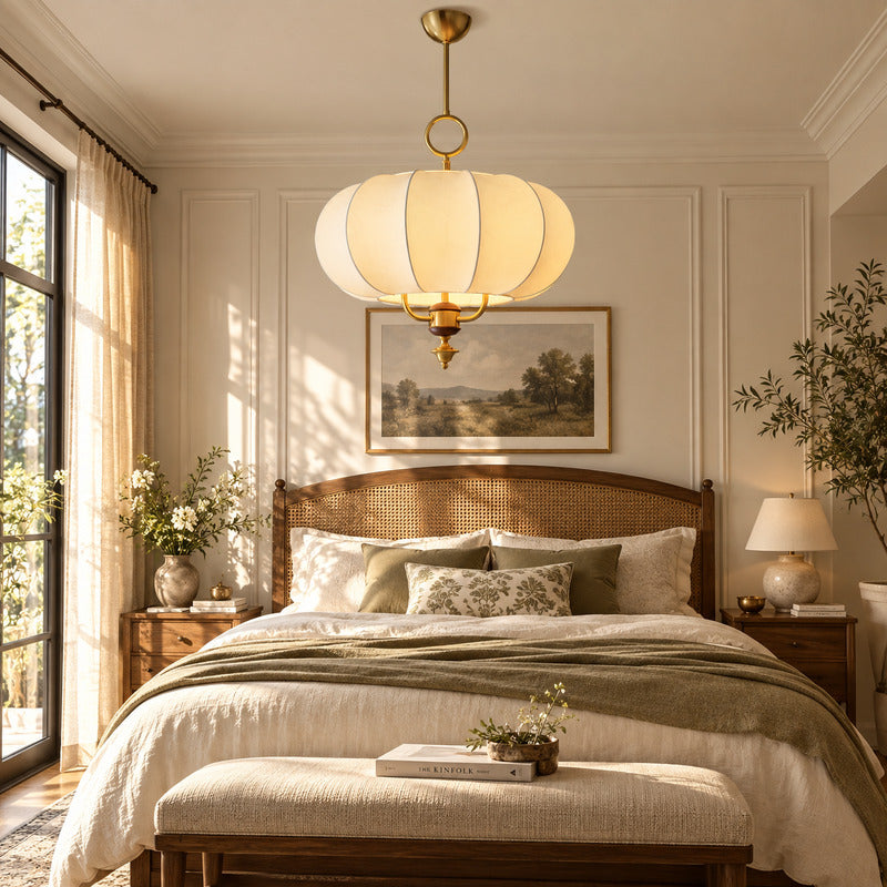 Belle lantern pendant adding a soft warm glow above a bedroom