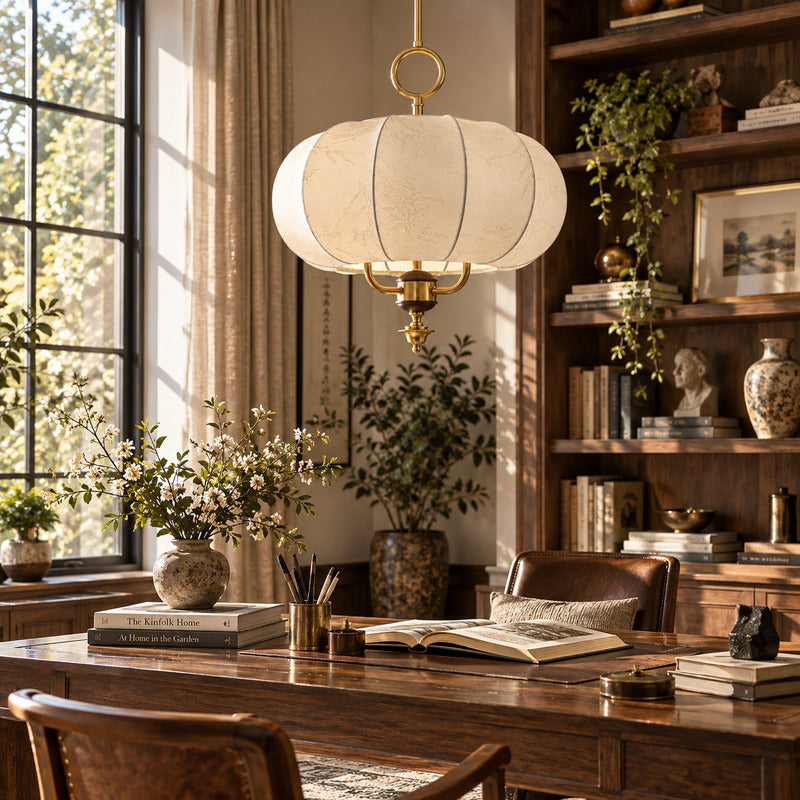 Belle lantern pendant above a home office desk for a soft warm glow