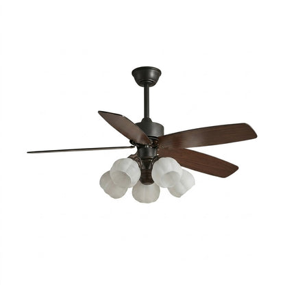 Belora 5 light chandelier style ceiling fan flower glass shades wood blades white background