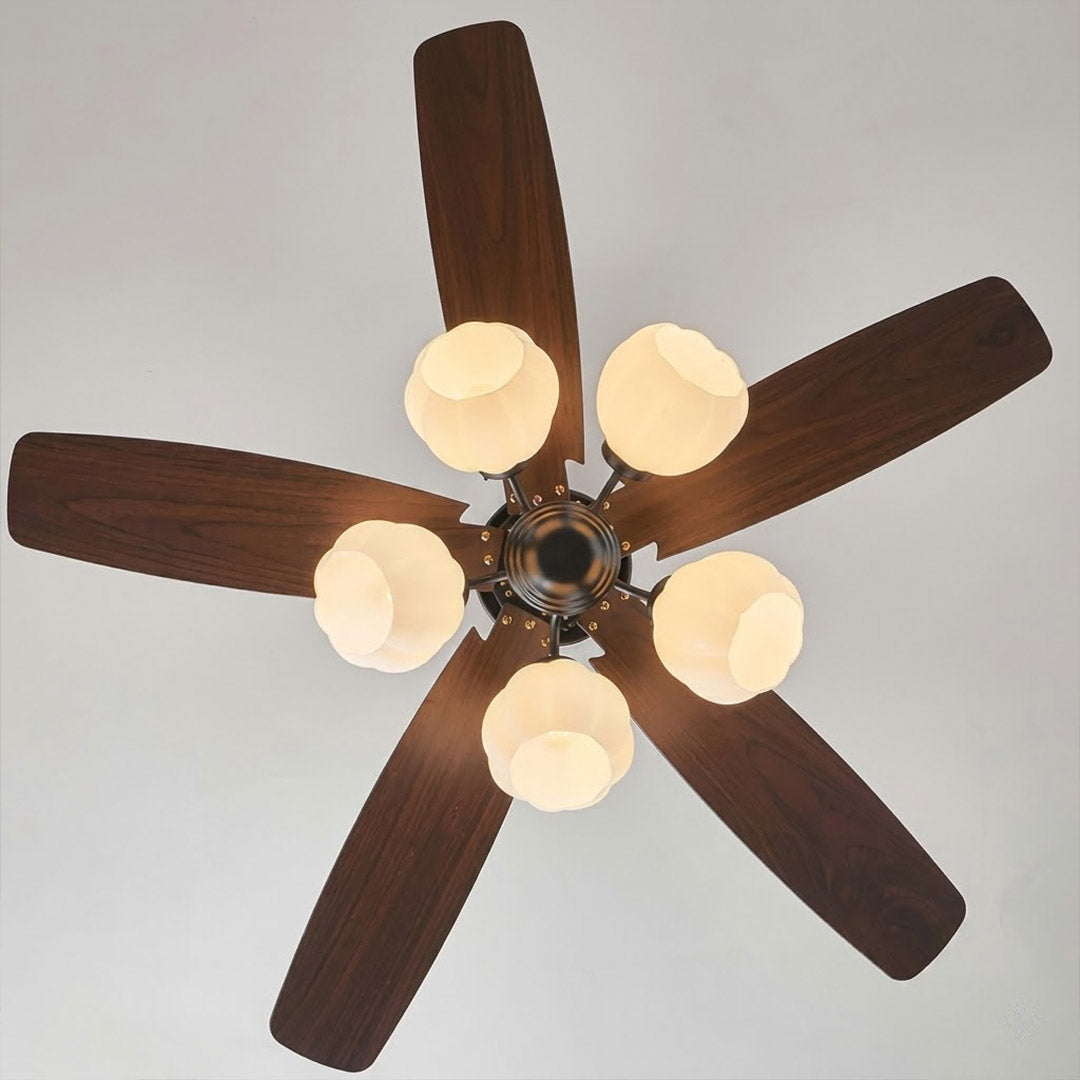 Belora flower shaped frosted glass shade and solid wood blade close up detail