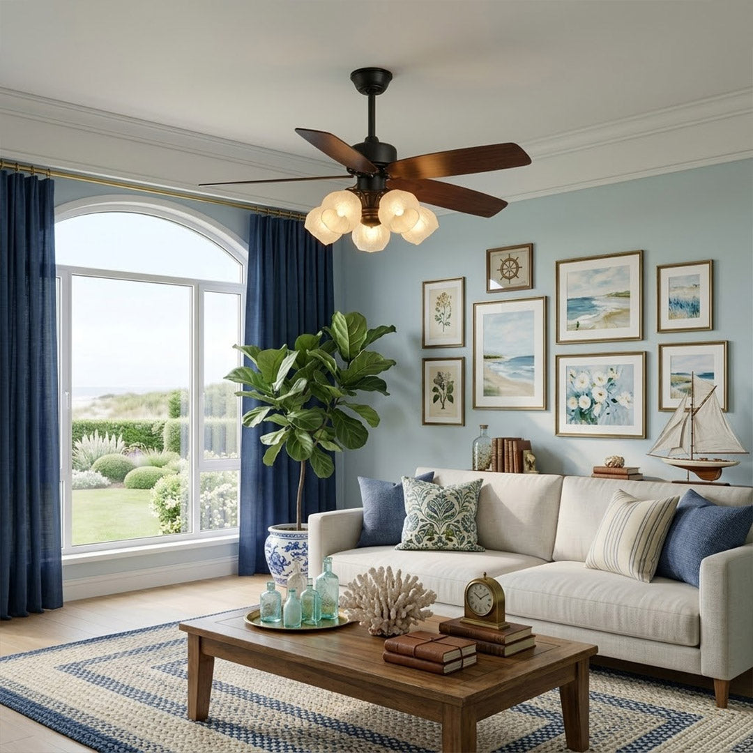 Belora 5 light ceiling fan in modern farmhouse living room warm glow flower glass chandelier style