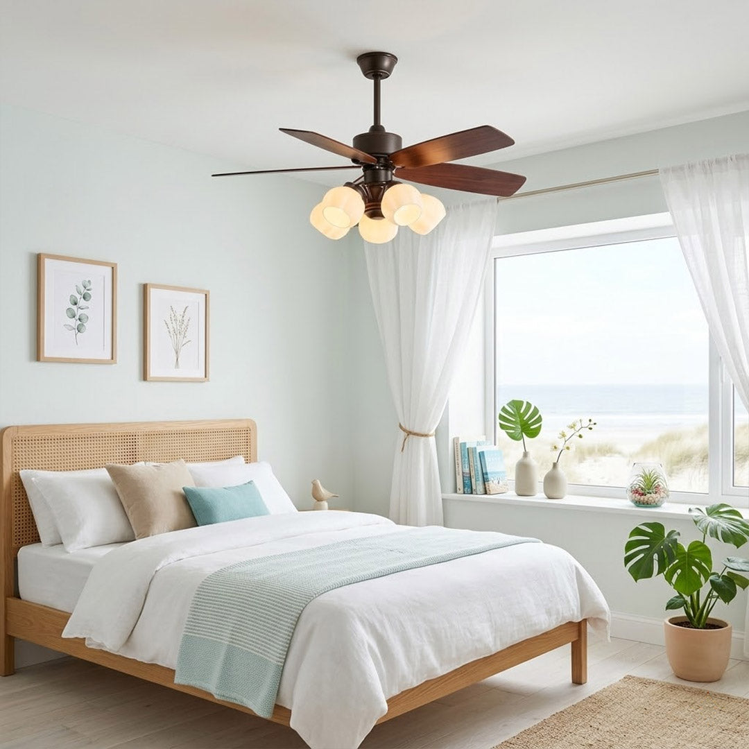 Belora chandelier ceiling fan in master bedroom warm ambient light five flower glass shades
