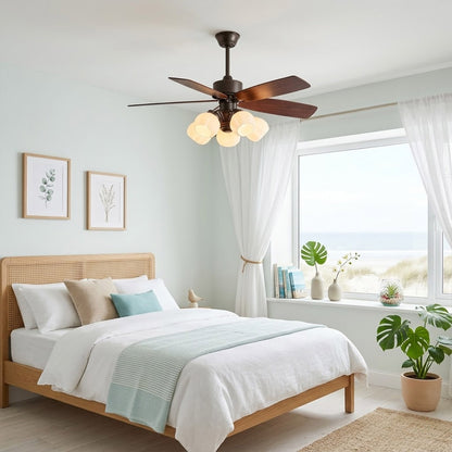 Belora chandelier ceiling fan in master bedroom warm ambient light five flower glass shades