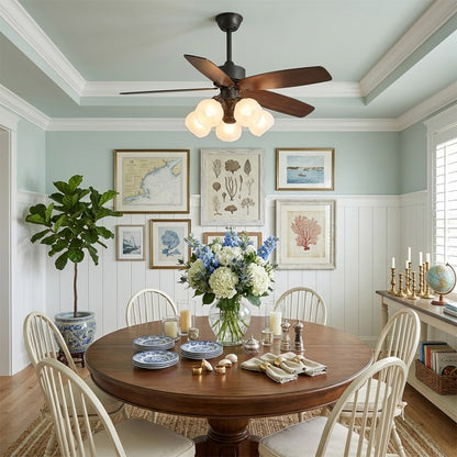 Belora 5 light ceiling fan in modern farmhouse living room warm glow flower glass chandelier style