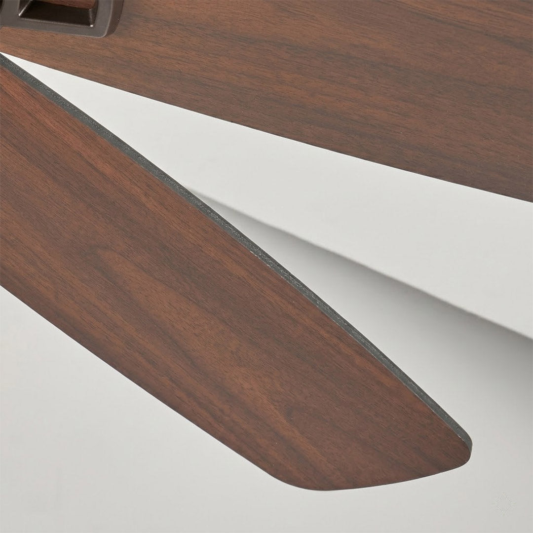 Belora flower shaped frosted glass shade and solid wood blade close up detail