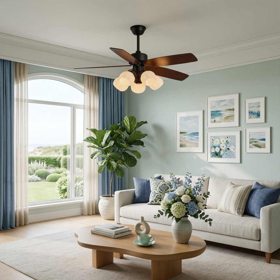 Belora 5 light ceiling fan in modern farmhouse living room warm glow flower glass chandelier style