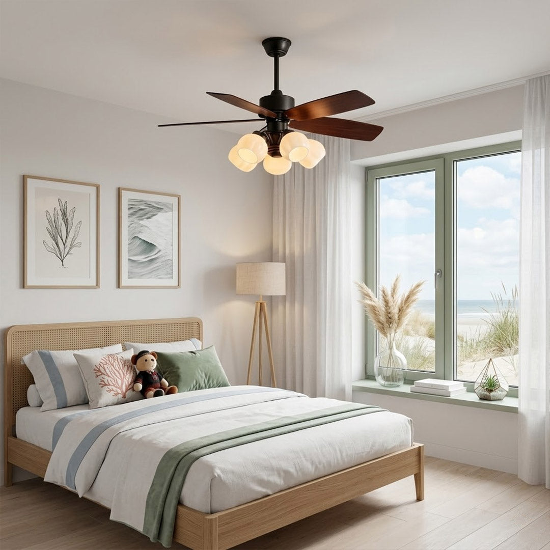Belora chandelier ceiling fan in master bedroom warm ambient light five flower glass shades