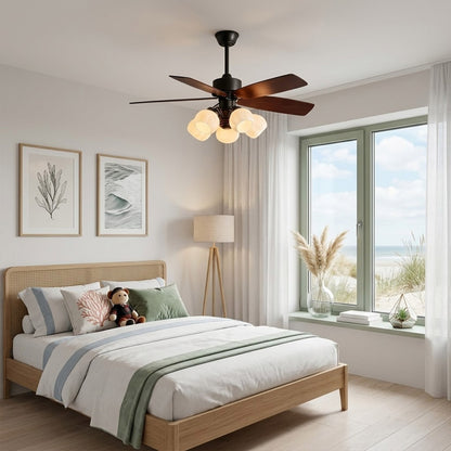Belora chandelier ceiling fan in master bedroom warm ambient light five flower glass shades