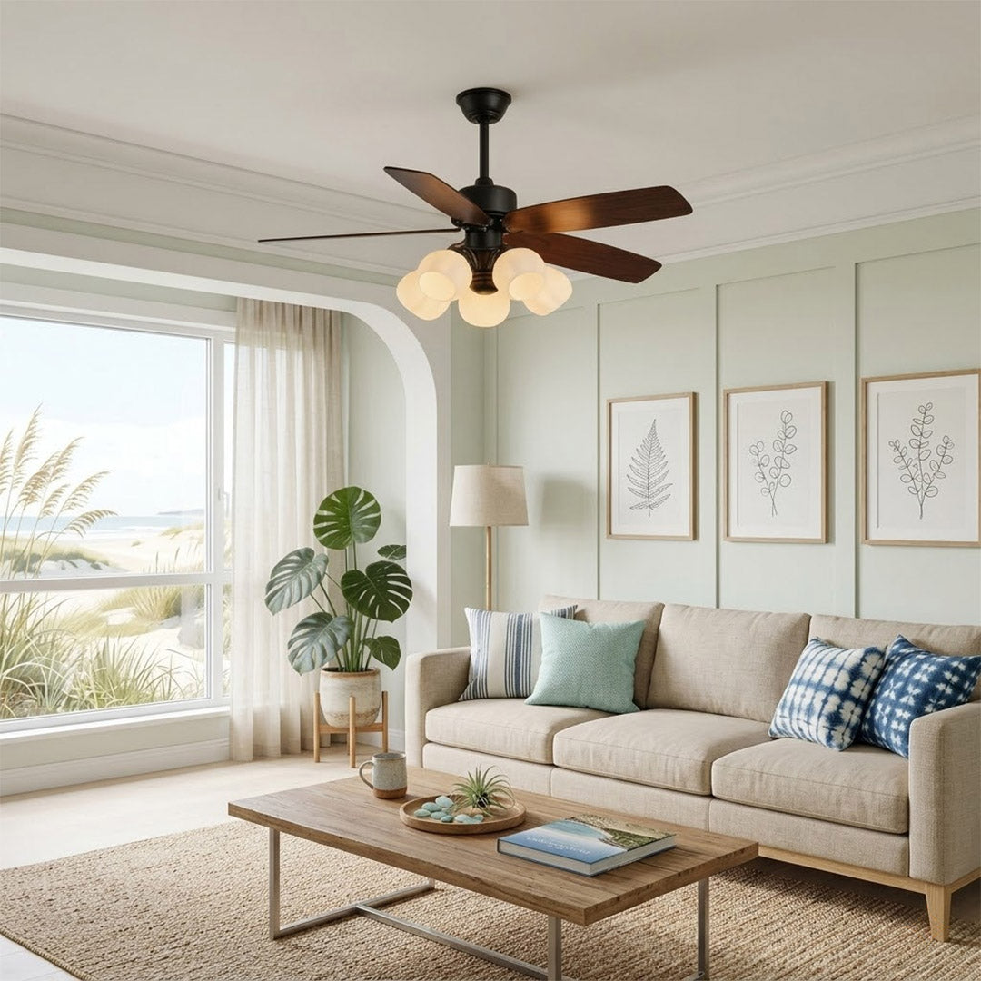 Belora 5 light ceiling fan in modern farmhouse living room warm glow flower glass chandelier style