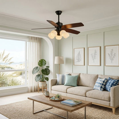 Belora 5 light ceiling fan in modern farmhouse living room warm glow flower glass chandelier style
