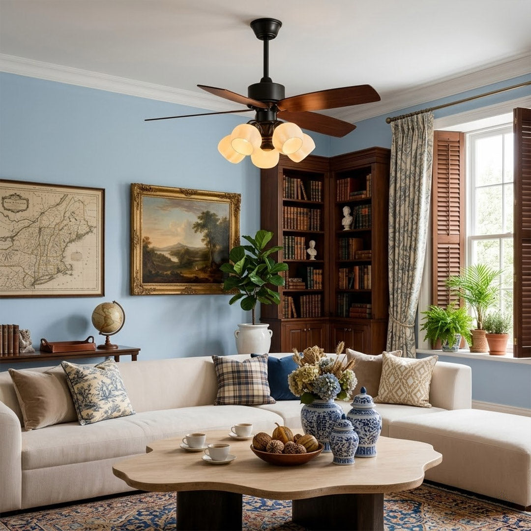 Belora 5 light ceiling fan in modern farmhouse living room warm glow flower glass chandelier style