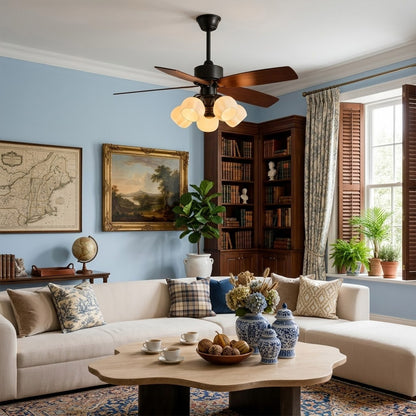 Belora 5 light ceiling fan in modern farmhouse living room warm glow flower glass chandelier style
