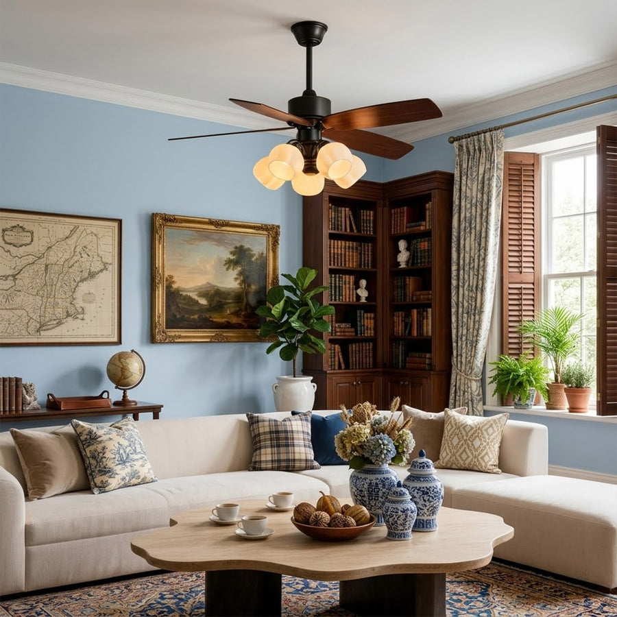 Belora 5 light ceiling fan in modern farmhouse living room warm glow flower glass chandelier style