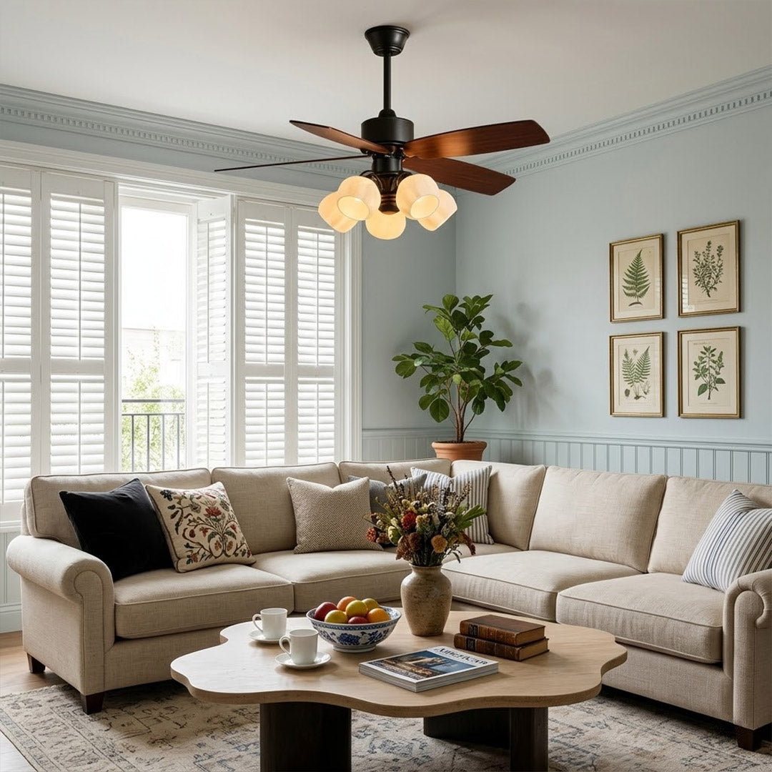 Belora 5 light ceiling fan in modern farmhouse living room warm glow flower glass chandelier style