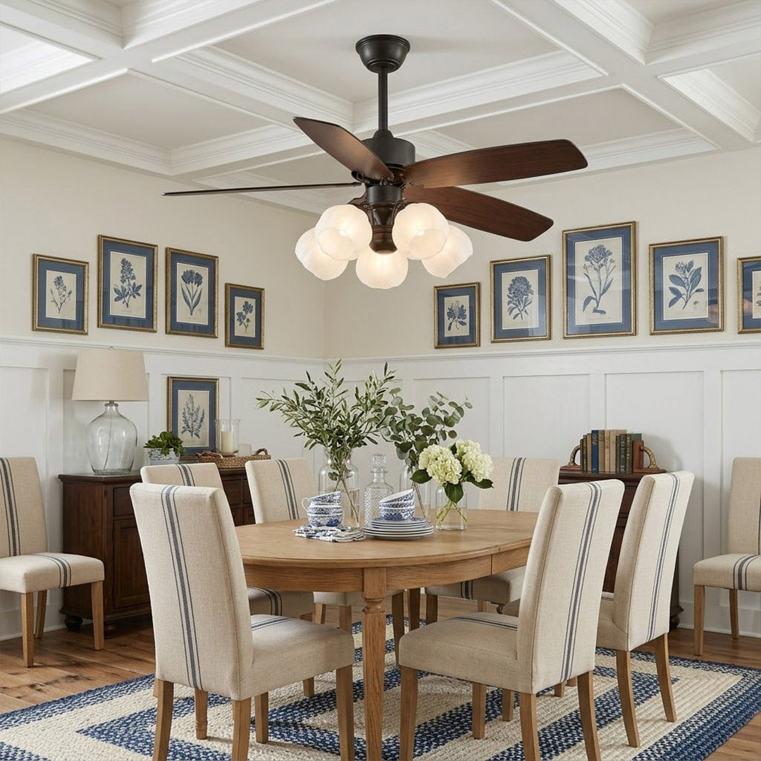 Belora 5 light ceiling fan in modern farmhouse living room warm glow flower glass chandelier style