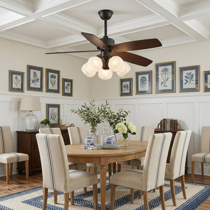 Belora 5 light ceiling fan in modern farmhouse living room warm glow flower glass chandelier style