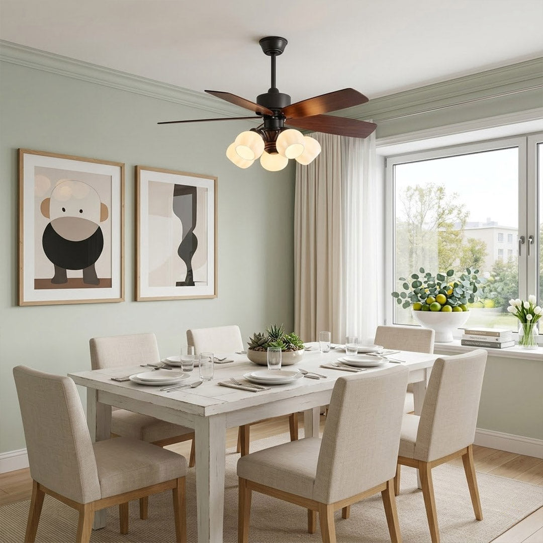 Belora 5 light ceiling fan in modern farmhouse living room warm glow flower glass chandelier style