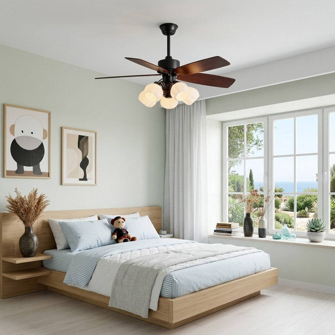 Belora chandelier ceiling fan in master bedroom warm ambient light five flower glass shades