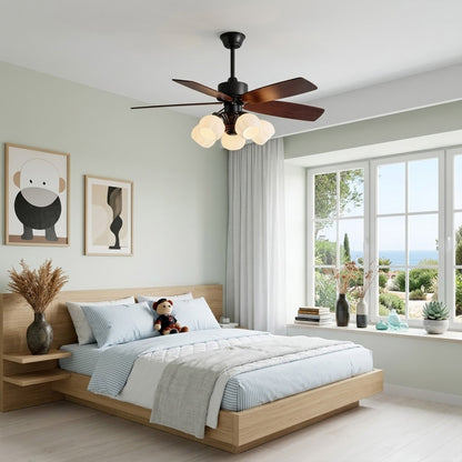 Belora chandelier ceiling fan in master bedroom warm ambient light five flower glass shades