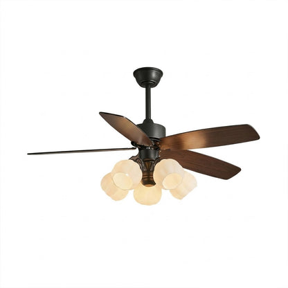 Belora 5 light chandelier style ceiling fan flower glass shades wood blades white background