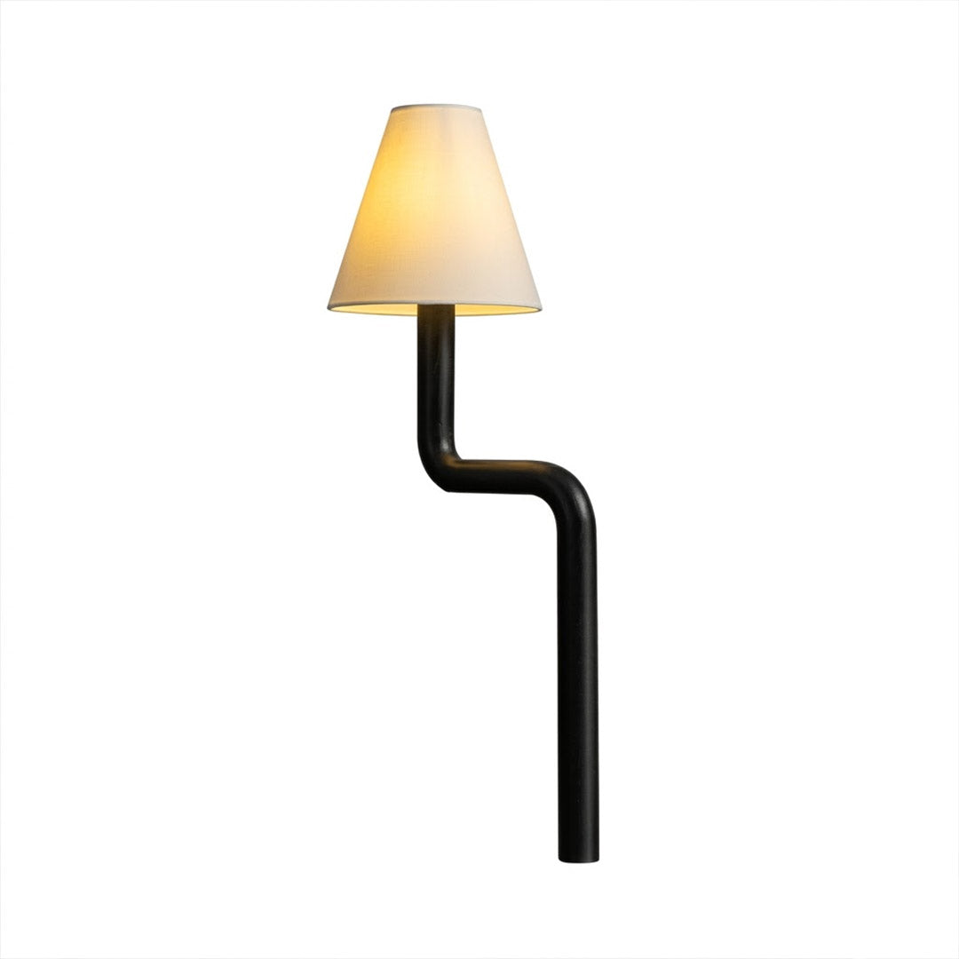 Modern bent wood table lamp with warm ambient LED lighting by Stuberlighting