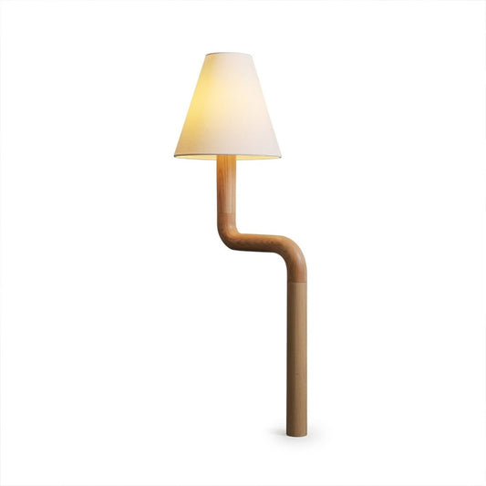 Modern bent wood table lamp with warm ambient LED lighting by Stuberlighting